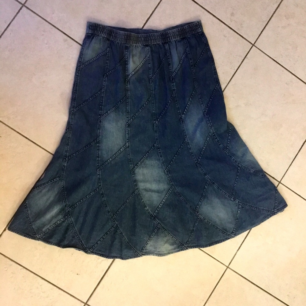 Blue Patchwork Denim Skirt‎ Vintage XL A-Line Elastic Back Boho Midi 100 Cotton - Picture 2 of 8
